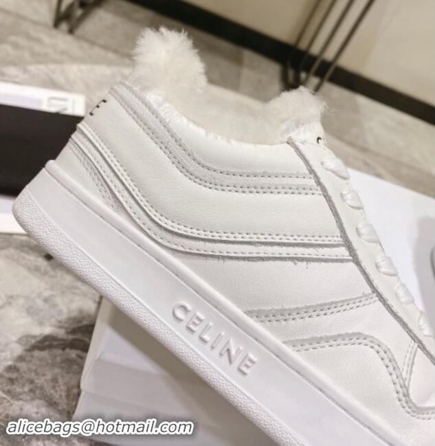 Stylish Celine Trainer Low Lace-up Sneakers in Calfskin and Wool White Leather 012004