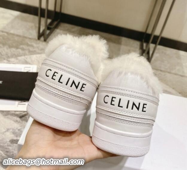 Stylish Celine Trainer Low Lace-up Sneakers in Calfskin and Wool White Leather 012004