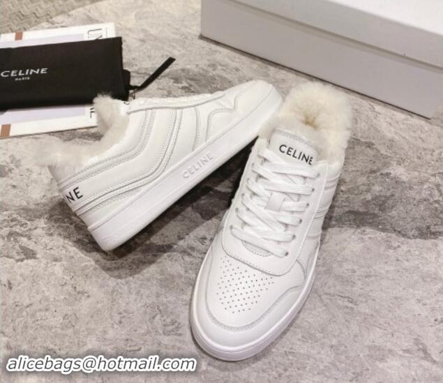 Stylish Celine Trainer Low Lace-up Sneakers in Calfskin and Wool White Leather 012004