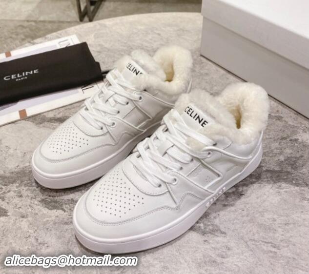 Stylish Celine CT-02 Low Lace-up Sneakers in Calfskin and Wool White Leather 012006