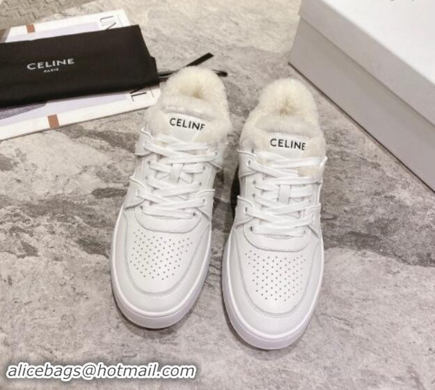 Stylish Celine CT-02 Low Lace-up Sneakers in Calfskin and Wool White Leather 012006