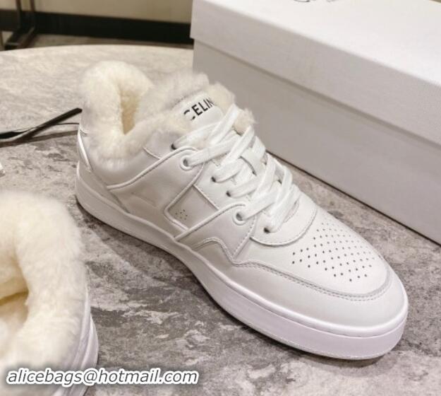 Stylish Celine CT-02 Low Lace-up Sneakers in Calfskin and Wool White Leather 012006