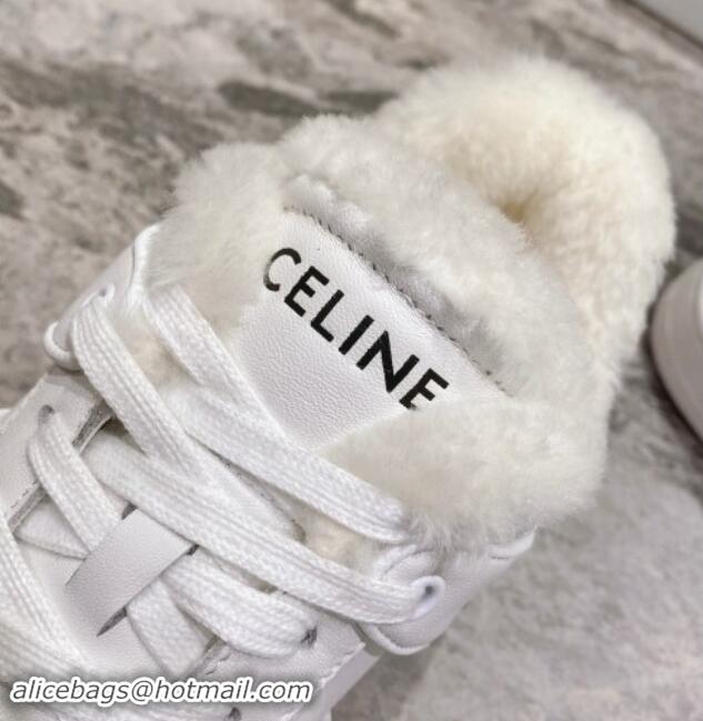 Stylish Celine CT-02 Low Lace-up Sneakers in Calfskin and Wool White Leather 012006