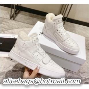 Trendy Design Celine CT-02 Mid Sneakers with Velcro in Calfskin and Wool White Leather 012008