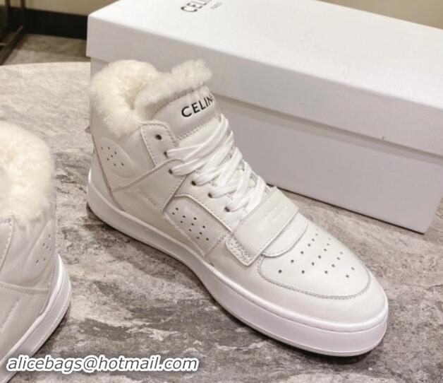 Trendy Design Celine CT-02 Mid Sneakers with Velcro in Calfskin and Wool White Leather 012008