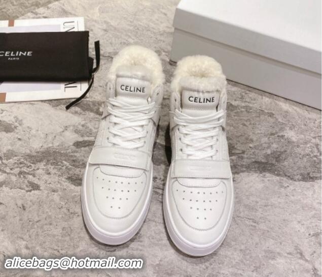 Trendy Design Celine CT-02 Mid Sneakers with Velcro in Calfskin and Wool White Leather 012008