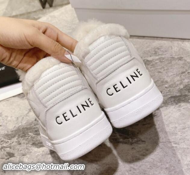 Trendy Design Celine CT-02 Mid Sneakers with Velcro in Calfskin and Wool White Leather 012008