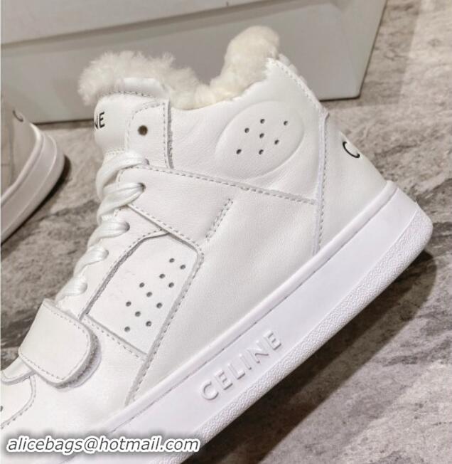 Trendy Design Celine CT-02 Mid Sneakers with Velcro in Calfskin and Wool White Leather 012008