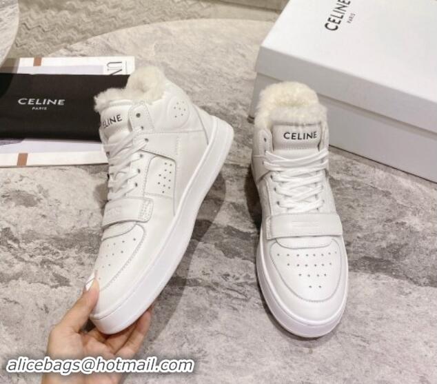 Trendy Design Celine CT-02 Mid Sneakers with Velcro in Calfskin and Wool White Leather 012008