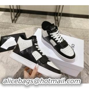 Top Design Celine CT-02 Mid Sneakers with Velcro in Calfskin and Wool White/Black 012009