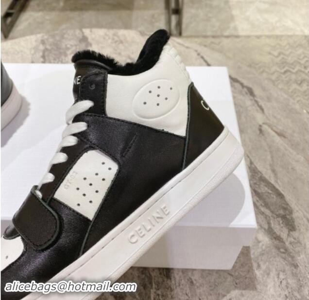 Top Design Celine CT-02 Mid Sneakers with Velcro in Calfskin and Wool White/Black 012009