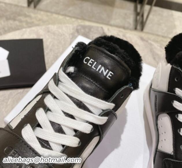 Top Design Celine CT-02 Mid Sneakers with Velcro in Calfskin and Wool White/Black 012009