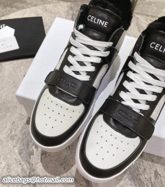 Top Design Celine CT-02 Mid Sneakers with Velcro in Calfskin and Wool White/Black 012009