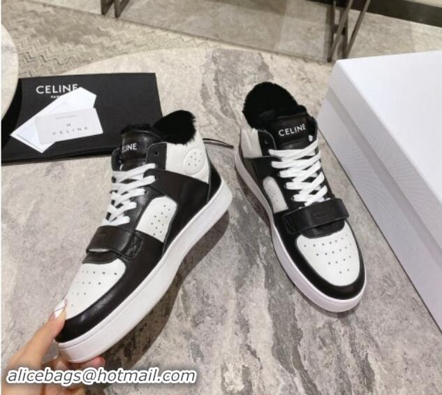 Top Design Celine CT-02 Mid Sneakers with Velcro in Calfskin and Wool White/Black 012009