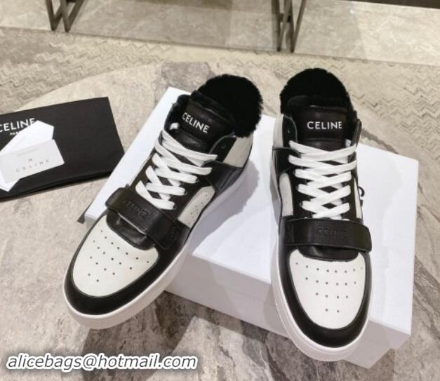 Top Design Celine CT-02 Mid Sneakers with Velcro in Calfskin and Wool White/Black 012009