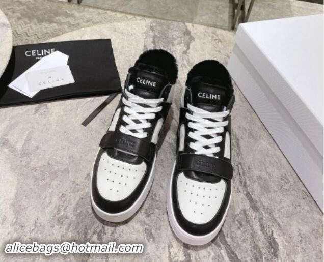 Top Design Celine CT-02 Mid Sneakers with Velcro in Calfskin and Wool White/Black 012009