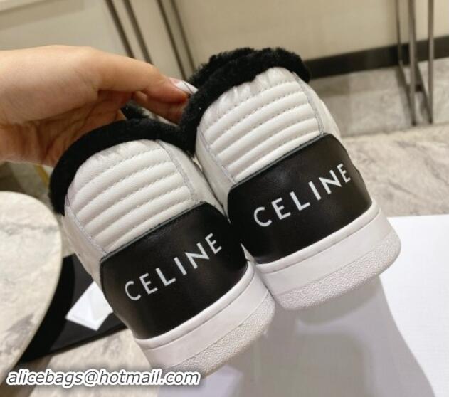 Top Design Celine CT-02 Mid Sneakers with Velcro in Calfskin and Wool White/Black 012009