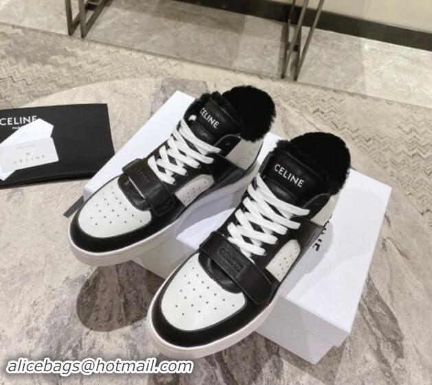 Top Design Celine CT-02 Mid Sneakers with Velcro in Calfskin and Wool White/Black 012009