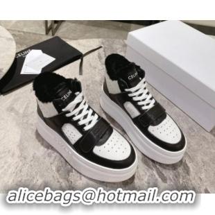 Cheap Price Celine CT-02 Platform Mid Sneakers Velcro in Calfskin and Wool White/Black 012010