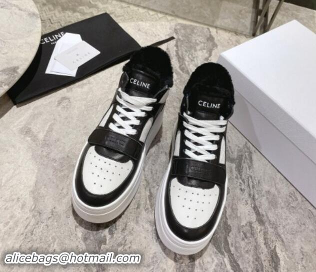 Cheap Price Celine CT-02 Platform Mid Sneakers Velcro in Calfskin and Wool White/Black 012010