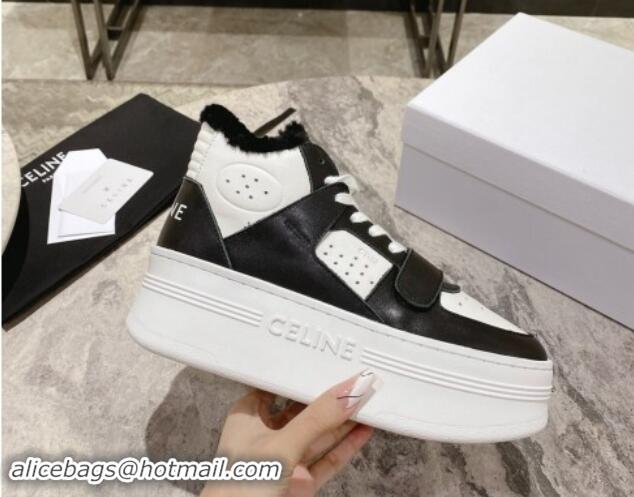 Cheap Price Celine CT-02 Platform Mid Sneakers Velcro in Calfskin and Wool White/Black 012010