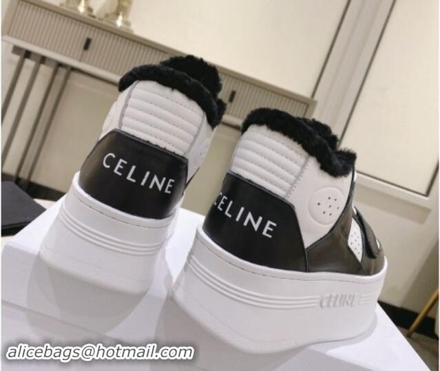 Cheap Price Celine CT-02 Platform Mid Sneakers Velcro in Calfskin and Wool White/Black 012010