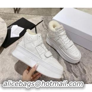 Big Discount Celine CT-02 Platform Mid Sneakers Velcro in Calfskin and Wool White Leather 1012011