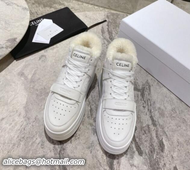 Big Discount Celine CT-02 Platform Mid Sneakers Velcro in Calfskin and Wool White Leather 1012011