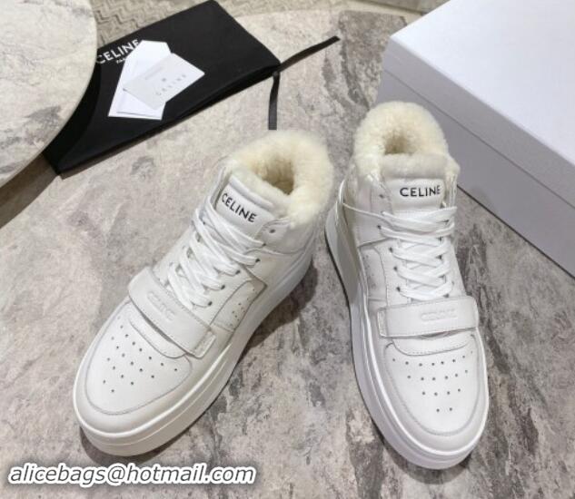 Big Discount Celine CT-02 Platform Mid Sneakers Velcro in Calfskin and Wool White Leather 1012011