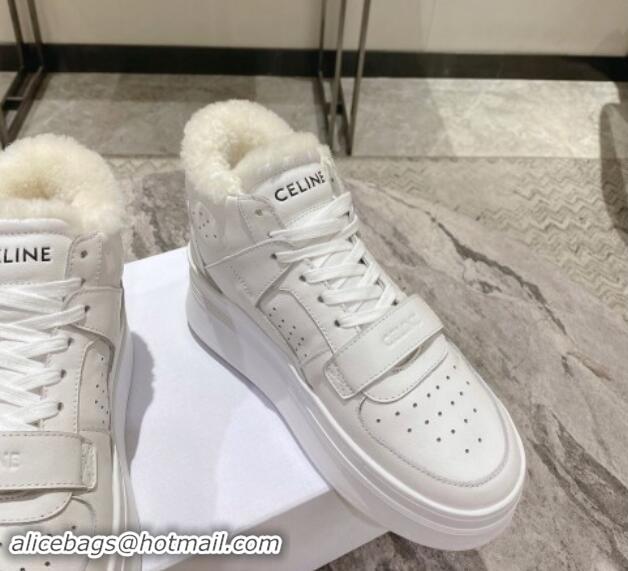 Big Discount Celine CT-02 Platform Mid Sneakers Velcro in Calfskin and Wool White Leather 1012011