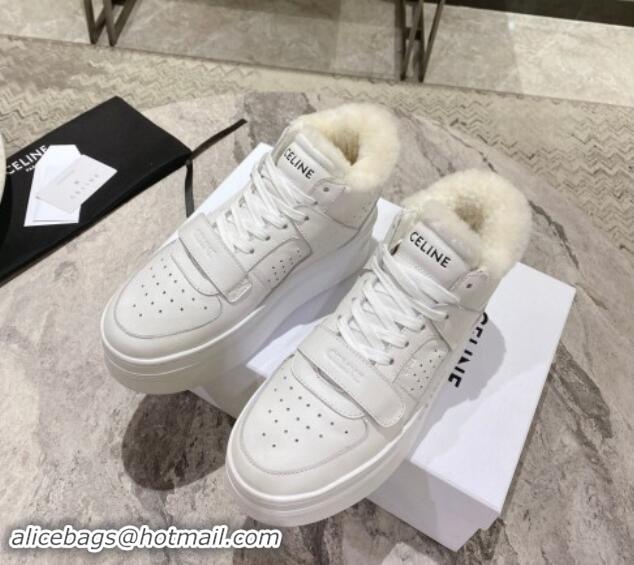 Big Discount Celine CT-02 Platform Mid Sneakers Velcro in Calfskin and Wool White Leather 1012011