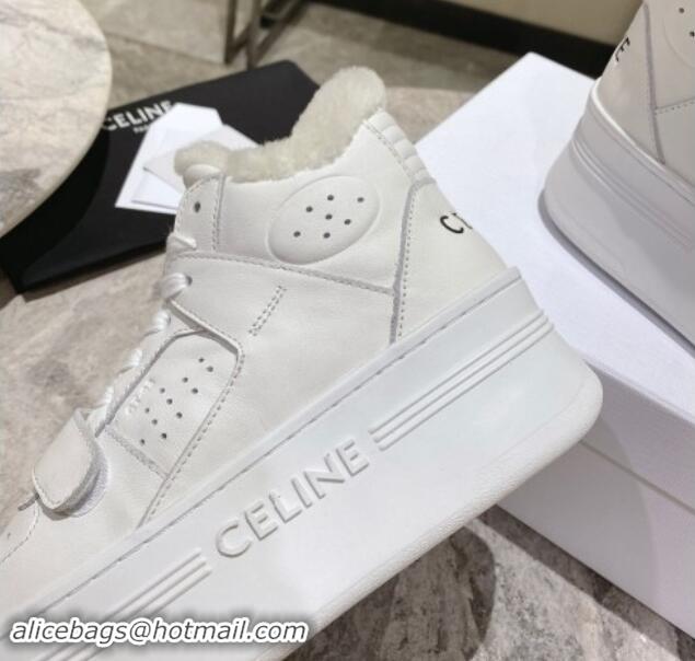 Big Discount Celine CT-02 Platform Mid Sneakers Velcro in Calfskin and Wool White Leather 1012011