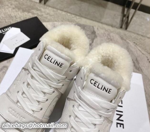 Big Discount Celine CT-02 Platform Mid Sneakers Velcro in Calfskin and Wool White Leather 1012011