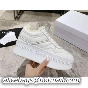 Duplicate Celine Trainer Platform Sneakers in Calfskin and Wool White Leather 1012012