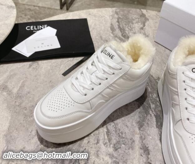 Duplicate Celine Trainer Platform Sneakers in Calfskin and Wool White Leather 1012012