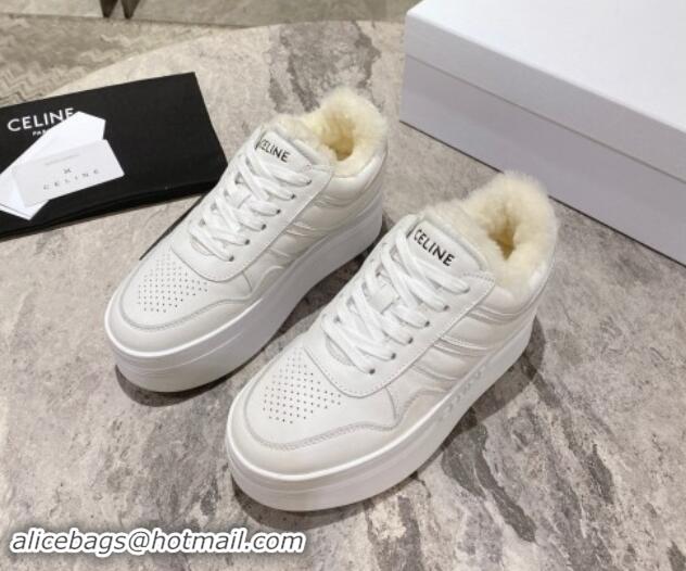 Duplicate Celine Trainer Platform Sneakers in Calfskin and Wool White Leather 1012012