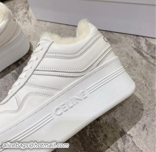 Duplicate Celine Trainer Platform Sneakers in Calfskin and Wool White Leather 1012012