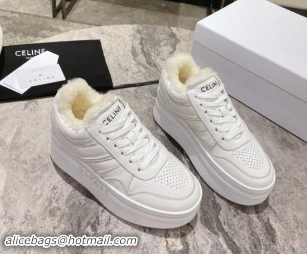 Duplicate Celine Trainer Platform Sneakers in Calfskin and Wool White Leather 1012012