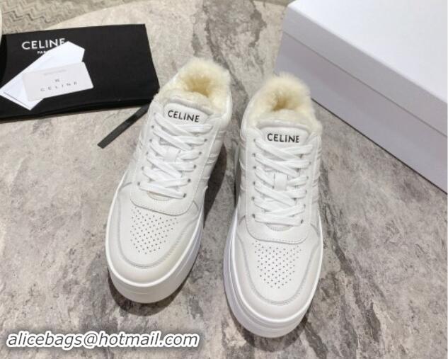 Duplicate Celine Trainer Platform Sneakers in Calfskin and Wool White Leather 1012012