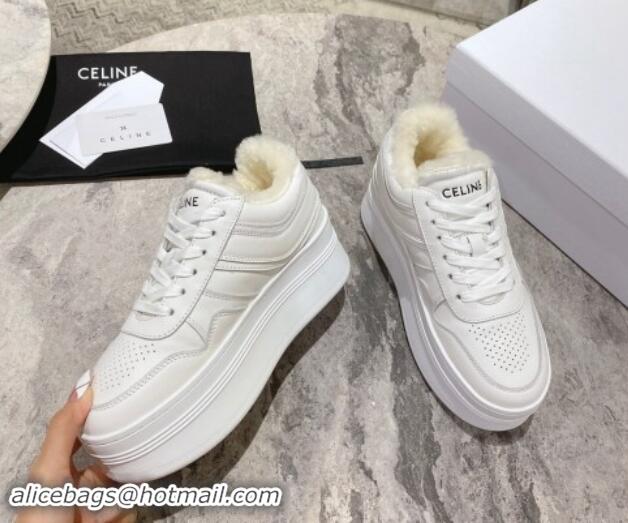 Duplicate Celine Trainer Platform Sneakers in Calfskin and Wool White Leather 1012012