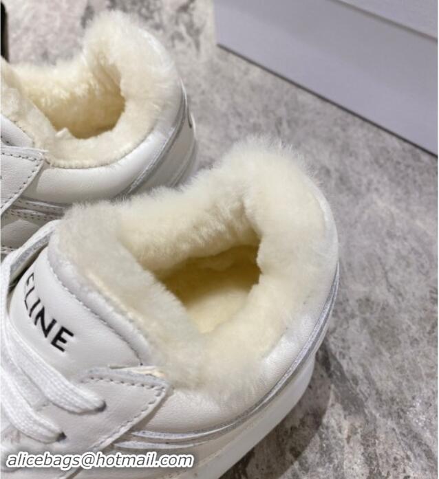 Duplicate Celine Trainer Platform Sneakers in Calfskin and Wool White Leather 1012012