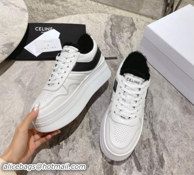 Sumptuous Celine Trainer Platform Sneakers in Calfskin and Wool White/Black 012013