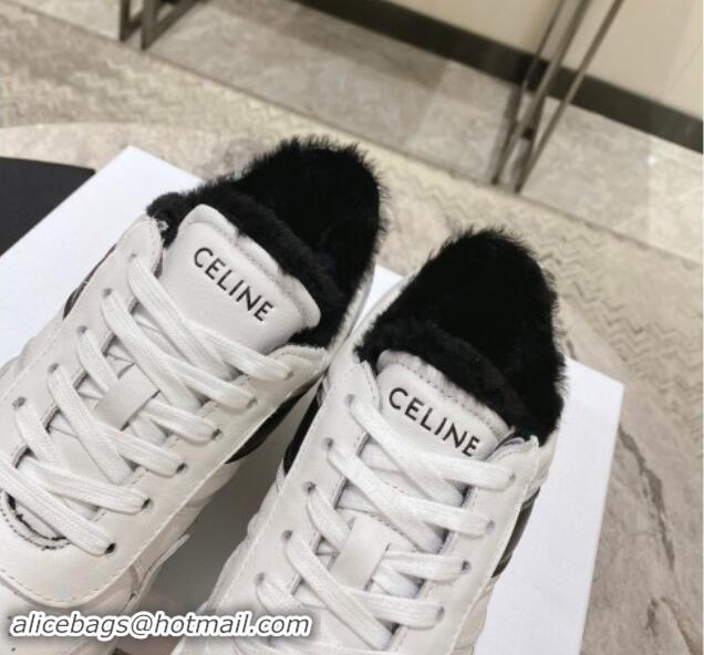 Sumptuous Celine Trainer Platform Sneakers in Calfskin and Wool White/Black 012013