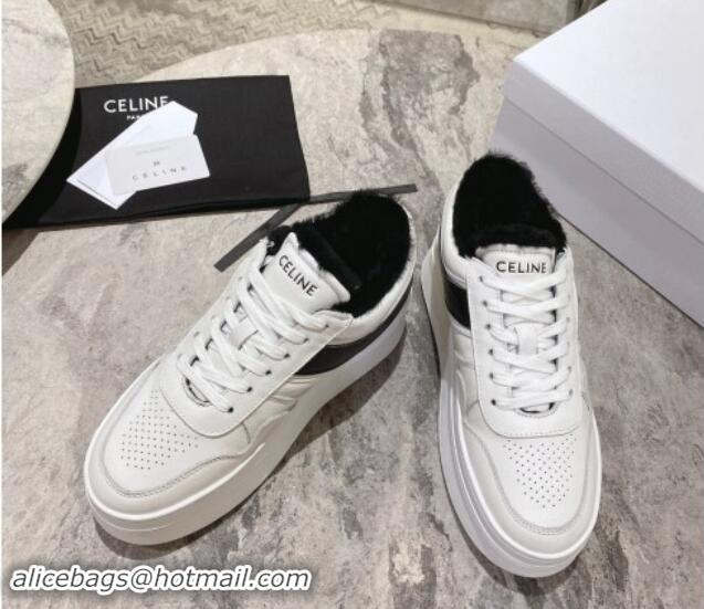 Sumptuous Celine Trainer Platform Sneakers in Calfskin and Wool White/Black 012013