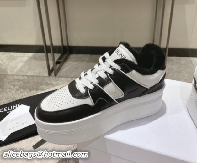 Top Grade Celine CT-02 Platform Sneakers in Calfskin and Wool White/Black 012014