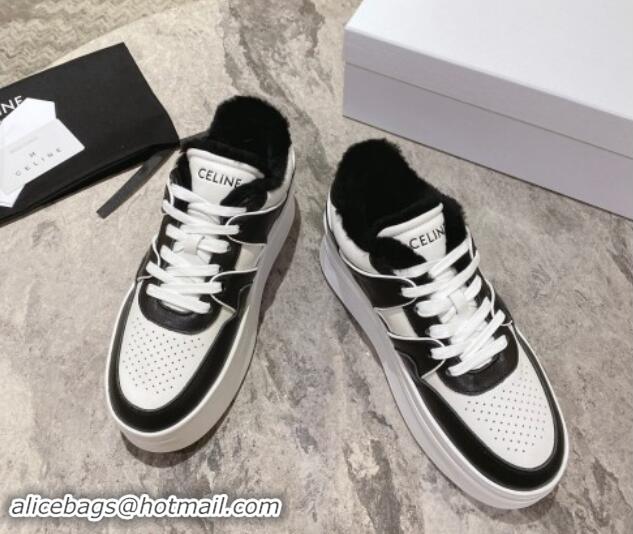 Top Grade Celine CT-02 Platform Sneakers in Calfskin and Wool White/Black 012014