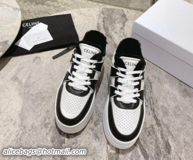 Top Grade Celine CT-02 Platform Sneakers in Calfskin and Wool White/Black 012014