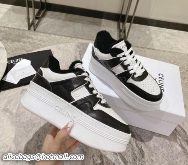 Top Grade Celine CT-02 Platform Sneakers in Calfskin and Wool White/Black 012014