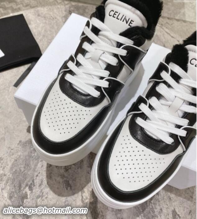 Top Grade Celine CT-02 Platform Sneakers in Calfskin and Wool White/Black 012014