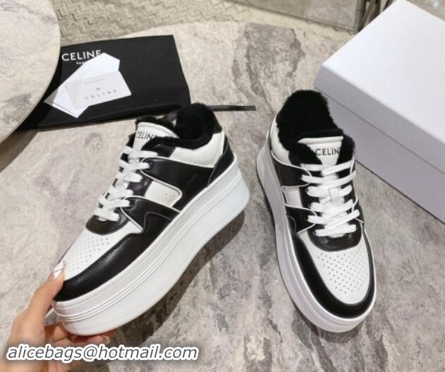 Top Grade Celine CT-02 Platform Sneakers in Calfskin and Wool White/Black 012014